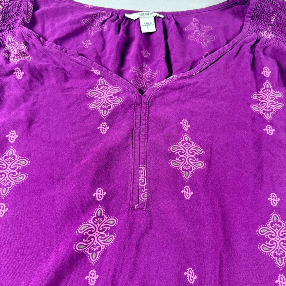 Sonoma Goods For Life Womens Purple Medallion Print Peasant Blouse Large 3/4 Slv - Picture 6 of 7